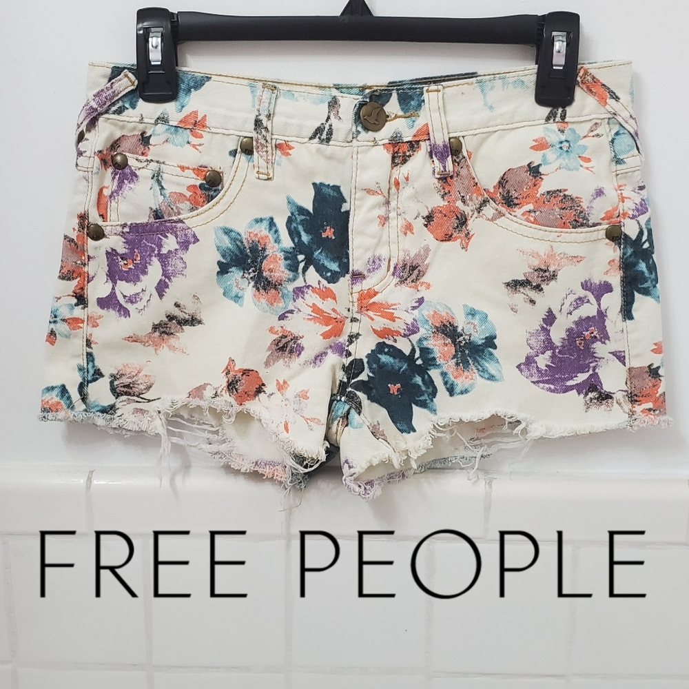 Free People Floral Denim Cutoff Shorts Turquoise Combo 26